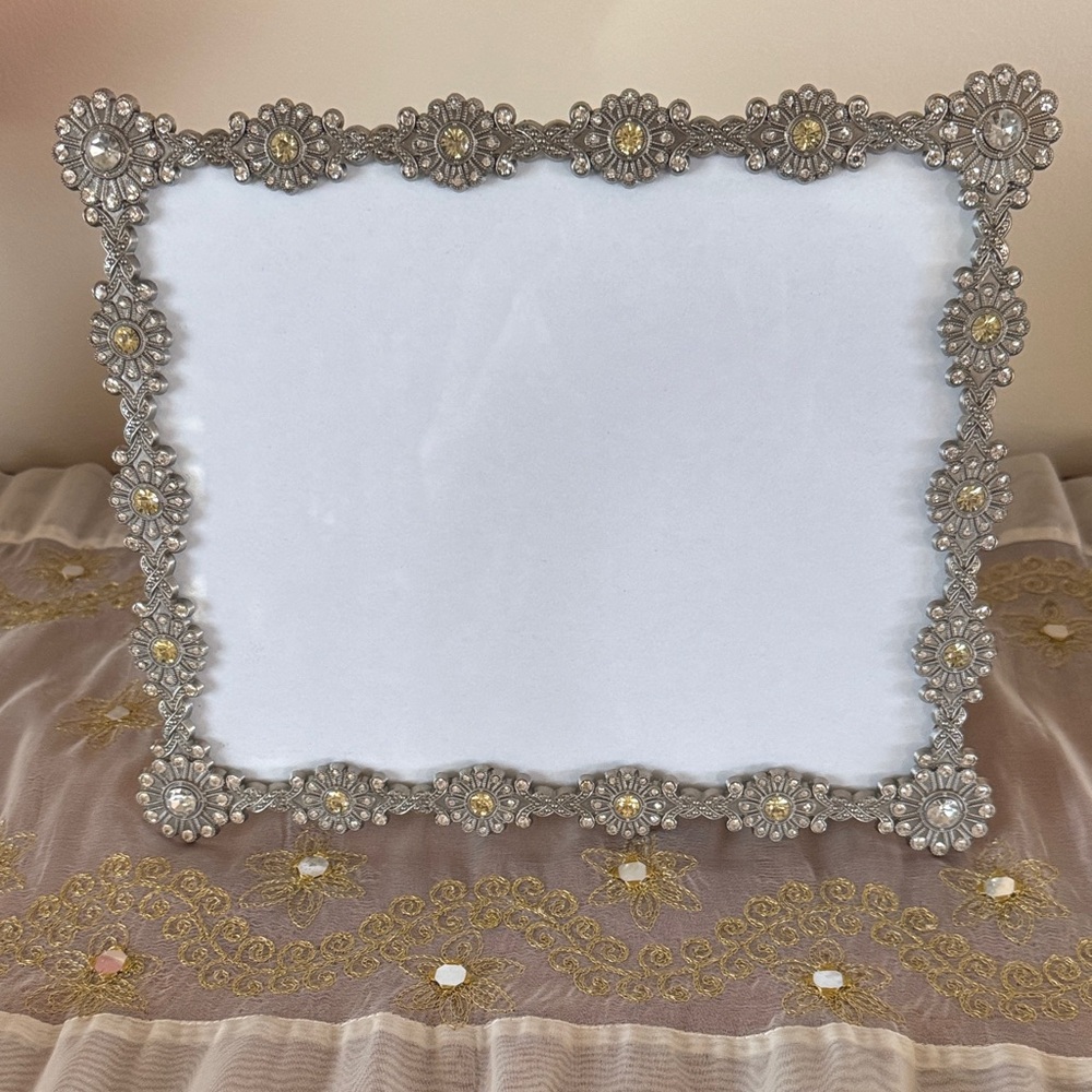 Elegant Silver Toned Metal Frame Decorated with Rhinestones